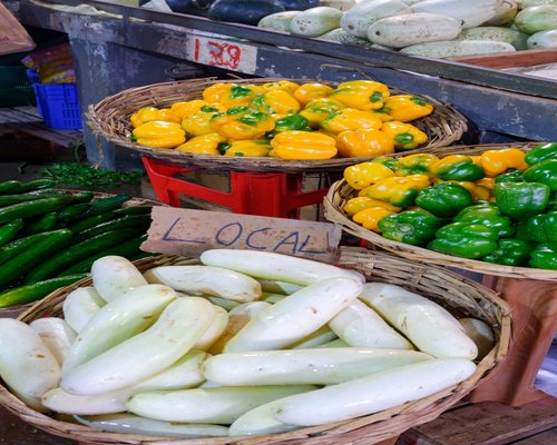 Fresh seasonal vegetables like tomatoes, cucumbers, and peppers from a local market